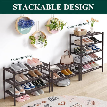 Smiry Bamboo Shoe Rack 3-Tier, Stackable Wooden Shoe Organizer for Entryway & Closet, Free Standing Wood Shoe Storage Shelf for Front Door & Small Spaces, Brown