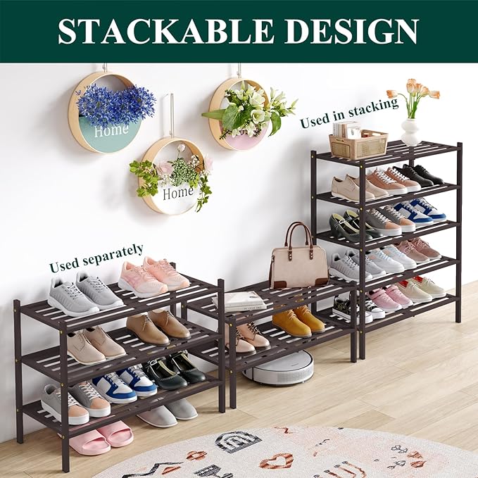 Smiry Bamboo Shoe Rack 4-Tier, Stackable Wooden Shoe Organizer for Entryway & Closet, Free Standing Wood Shoe Storage Shelf for Front Door & Small Spaces, Brown