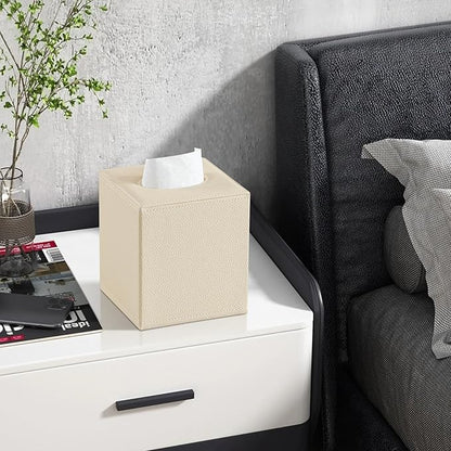 JLAMBOM PU Leather Tissue Box Cover Square Tissue Box Holder with Magnetic Closure, Decorative Tissue Holder for Bathroom Bedroom Office (Beige)