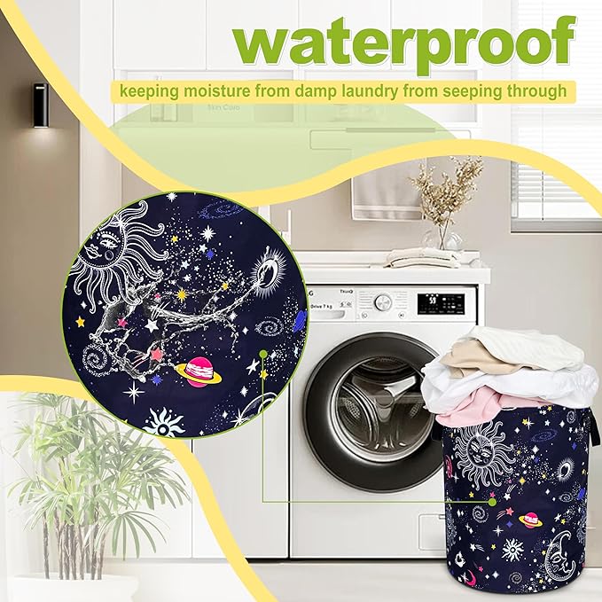 Sun Moon Galaxy Laundry Basket Funny Cosmic Foldable Waterproof Oxford Cloth Tote Bag Laundry Hamper Round Large Clothes Storage Bucket Toy Organizer For Bathroom/Laundry Storage/Bedroom 18.9x16.5 In