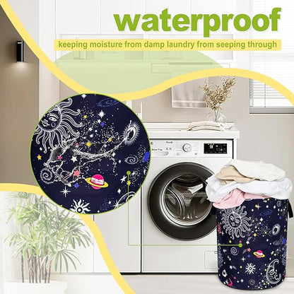 Sun Moon Galaxy Laundry Basket Funny Cosmic Foldable Waterproof Oxford Cloth Tote Bag Laundry Hamper Round Large Clothes Storage Bucket Toy Organizer For Bathroom/Laundry Storage/Bedroom 18.9x16.5 In