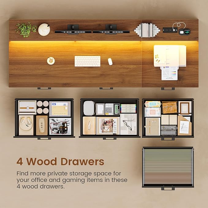 SEDETA Farmhouse Home Office Desk with File Drawer & Power Outlet, Computer Desk with 4 Drawer, Storage Shelves, Printer Cabinet and Monitor Shelf, Gaming Desk with Led Lights, Black Brown