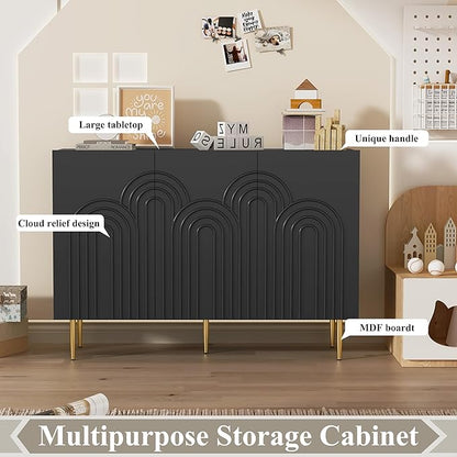 ARTPOWER 47" Accent Cabinet with Cloud Relief, Sideboard Buffet Cabinet with 3 Doors, Modern Decorative Credenza with Storage for Living Room, Kitchen, Dining Room, Hallway, Entryway, Black
