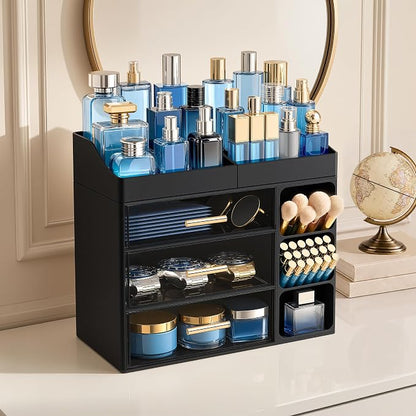 HBlife Cologne Organizer for Men Makeup Organizer Countertop with Brush Holder, Large Bathroom Counter Organizer with Drawers, Plastic Dresser Organizer Storage Fathers Day Gift for Dad Husband, Black
