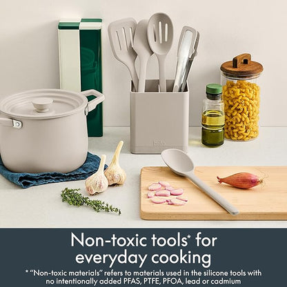 bella 6-Piece Modular Tool Set, Silicone, Turner, Spoon, Slotted Spoon, Spatula, Tongs, Crock with removable divider, Non-toxic*, Food-grade, Heat safe to 425°F, Dishwasher Safe, Slate