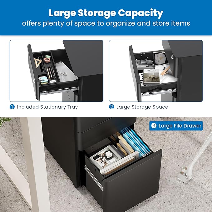 Mount-It! Slim Rolling Under Desk Cabinet, Mobile Filing Cabinet with 3 Drawers and Lock for Home & Office Storage, Black