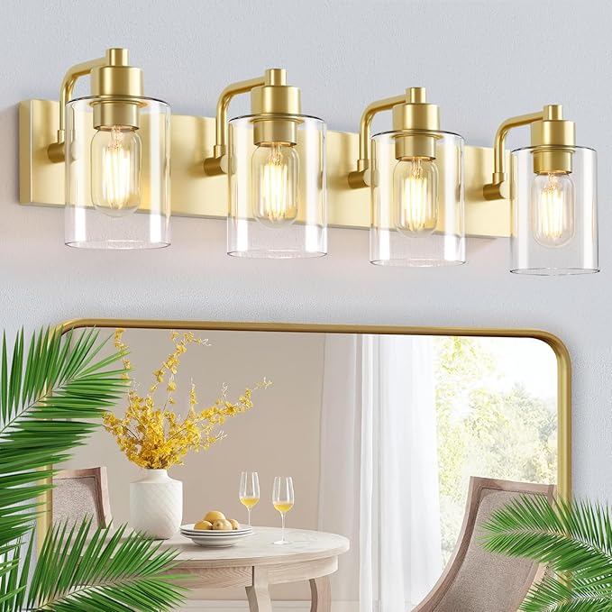 Gold Bathroom Light Fixtures,Gold Vanity Light Wall Sconces,4-Light Bathroom Lights Over Mirror with Clear Glass Shade for Kitchen Living Room Bedroom