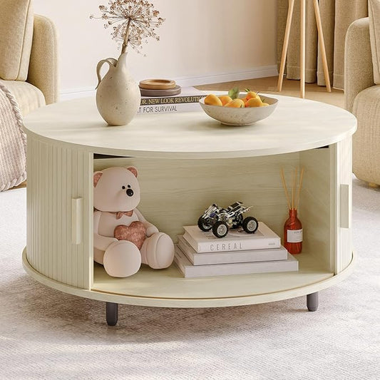 ONBRILL Round Coffee Table with Storage, 31.5" Modern Coffee Table with 360° Curved Sliding Door, Fluted Wood Coffee Table with Adjustable Footpads, Round Center Table for Living Room, Natural White
