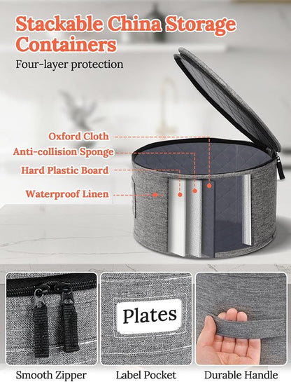 Cirhy Hard Shell Plate Storage Containers 4-Piece Set - Reinforced Hard-Sided Moving Boxes for Dinner Plates, Bowls & Saucers - Stackable Dish Packing Protectors with 48 Felt Dividers