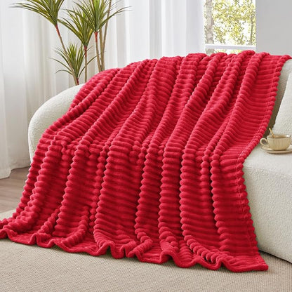 BEDELITE Twin Blanket for Couch & Bed, 300GSM Soft & Warm Fleece Blanket, Decorative and Giftable Striped Red Blankets for Women, Men, 60"x80"