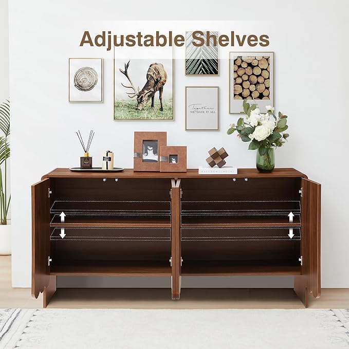 ORRD Sideboard Buffet Cabinet, Accent Storage Cabinets with 4 Doors, Farmhouse Wood Cabinet with Adjustable Shelves and Wave Panel for Living Room, Dining Room, Entry - Walnut