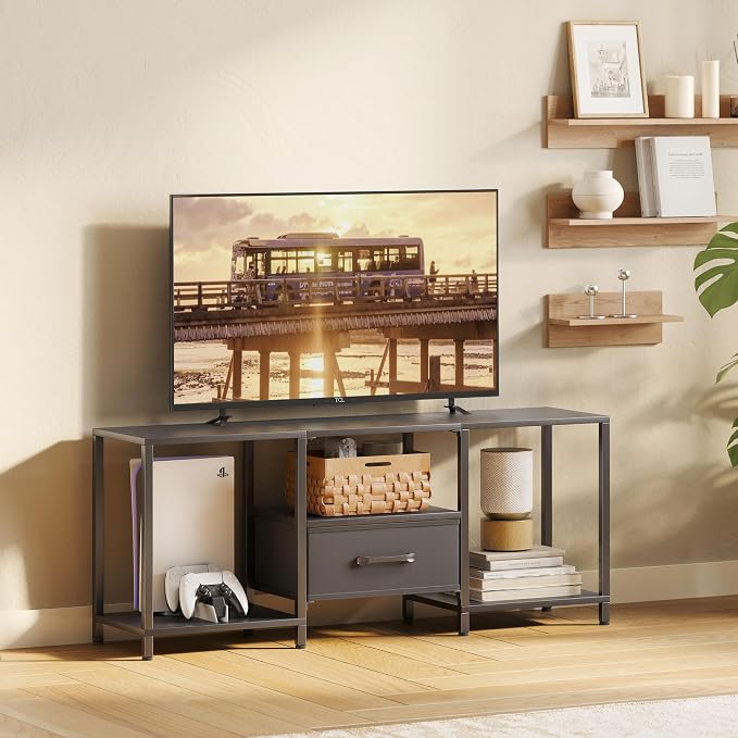 JARHETUN TV Stand with Fabric Drawer for 55 Inch TV, Entertainment Center with Open Shelves, Media TV Console Table for Living Room, Bedroom, Black