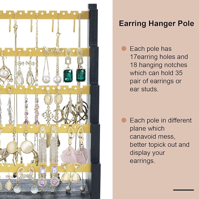 Pinzoveco Earring Organizer, 5 Layer Earring Holder Organizer with Metal Necklace Holder Pole, Rustic Wood Jewelry Organizer Stand Display for Stud Earring Bracelet Necklace Ring, 175 Earring Holes