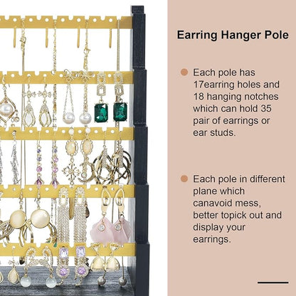 Pinzoveco Earring Organizer, 5 Layer Earring Holder Organizer with Metal Necklace Holder Pole, Rustic Wood Jewelry Organizer Stand Display for Stud Earring Bracelet Necklace Ring, 175 Earring Holes