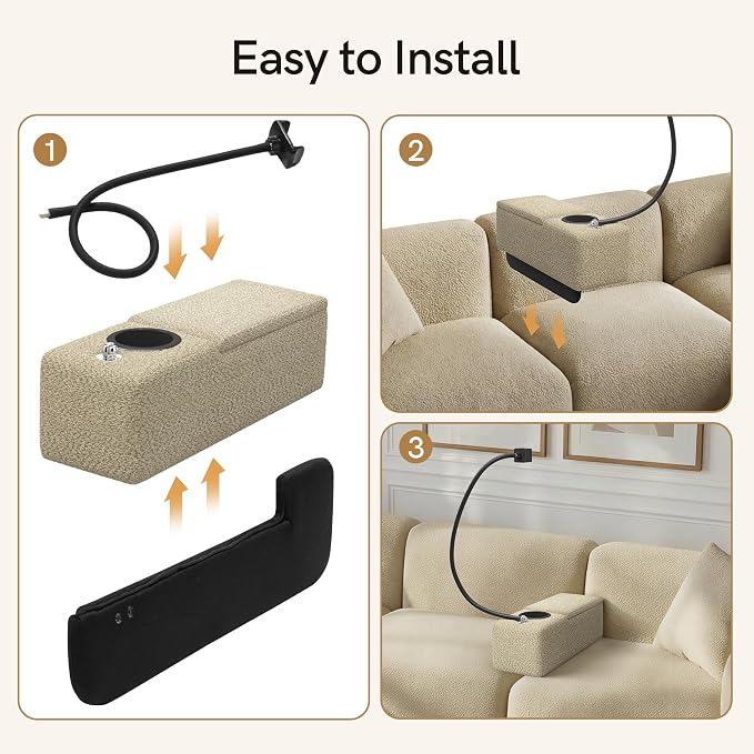 Multifunctional Couch Caddy Armrest with Couch Cup Holder Charging Console Phone Holder Storage 20.3'' Arm Rest Caddy Removable Chenille Sofa Armrest Organizer for Home Sofa Living Room, Camel