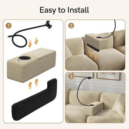 Multifunctional Couch Caddy Armrest with Couch Cup Holder Charging Console Phone Holder Storage 20.3'' Arm Rest Caddy Removable Chenille Sofa Armrest Organizer for Home Sofa Living Room, Camel