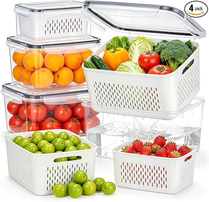 HOMETALL 4 Pack Fruit Storage Containers for Fridge Set, Produce Containers for Fridge with Strainer, Plastic Reusable Fridge Organizers and Storage for Berry Salad Lettuce, Size 3.4, 1.8, 0.9, 0.4QT