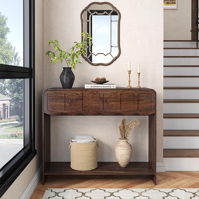 Console Table with 2 Drawers, Mid-Century Modern 42" Entryway Table with Open Storage Shelves, Sofa Table Behind Couch for Living Room, Hallway, Walnut