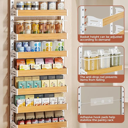 8-Tier Pantry Door Organizer, Over the Door Pantry Organizer with Wooden Adjustable Baskets, 2 IN 1 Spice Rack Wall Mount or Door Organizer, Door Spice Rack for Pantry（72.6×17.1×5.1in,White)