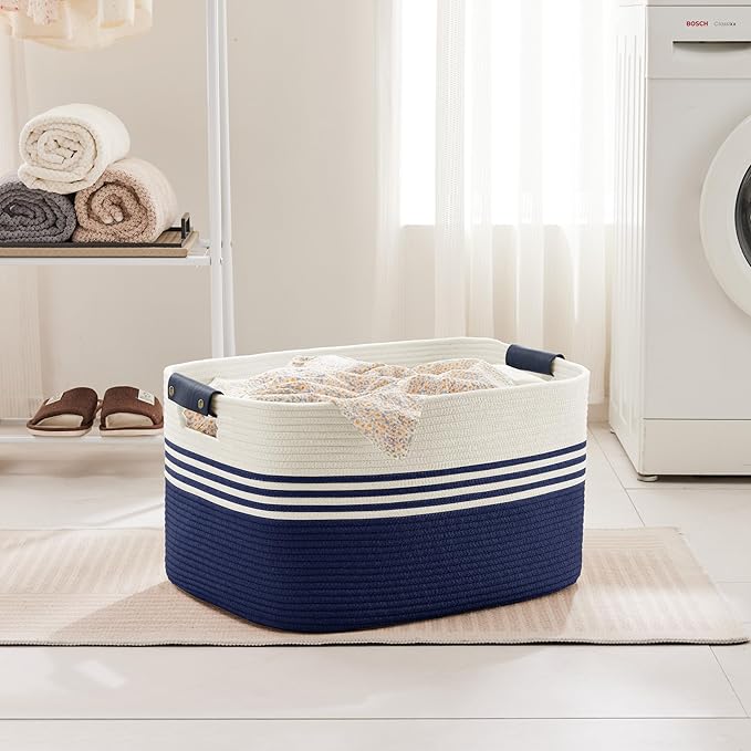 SunNewt 72L Large Laundry Basket with Leather Handles for Living Room Storage, Woven Rope Baskets Bin for Blanket, Kids Toy, Gifts, Wicker Hamper for Bedroom Dirty Clothes, 22"x17"x12" White Navy