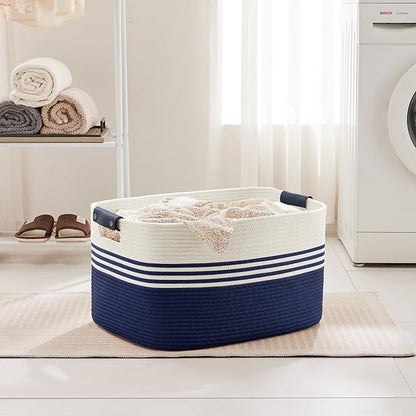 SunNewt 72L Large Laundry Basket with Leather Handles for Living Room Storage, Woven Rope Baskets Bin for Blanket, Kids Toy, Gifts, Wicker Hamper for Bedroom Dirty Clothes, 22"x17"x12" White Navy