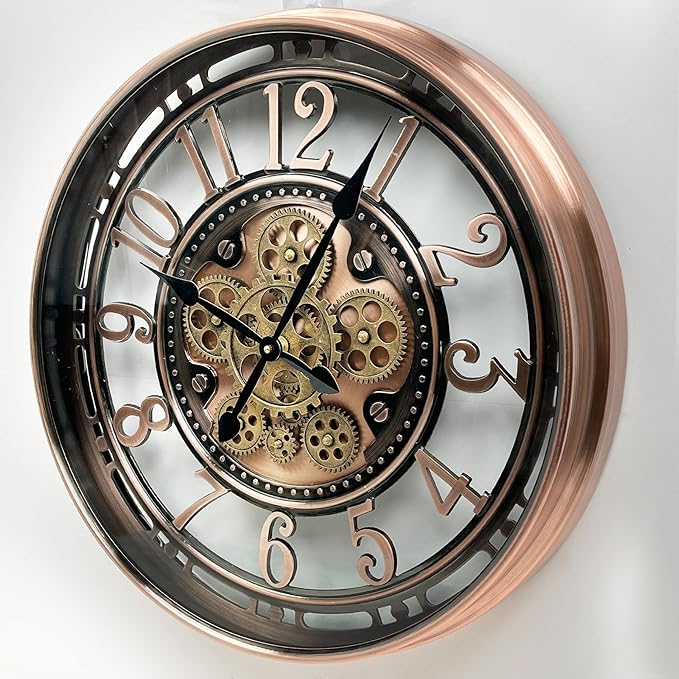 DORBOKER Real Moving Gears Wall Clock Large Modern Clocks for Living Room Decor, Industrial Steampunk Unique Vintage Rustic Decorative Clock for Home Farmhouse Office, 28 Inch,Red Copper Arabic