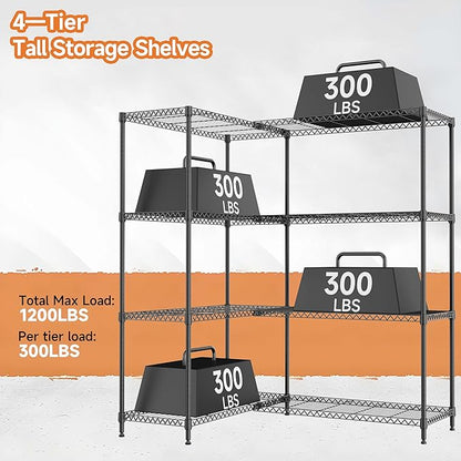 M MZG 4 Tiers Storage Shelves Load 1200LBS, Metal Shelving Wire Metal Shelving Unit Shelves for Storage Adjustable Garage Shelving for Pantry Kitchen Garage Black 15.8" D x 33.5" W x 59.5" H