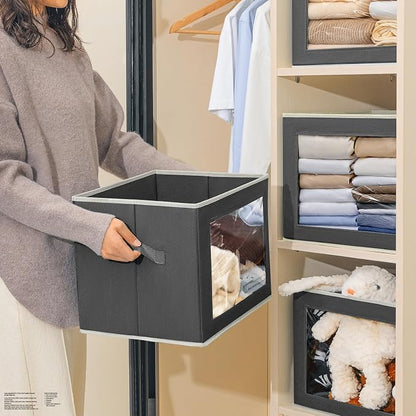 Homsorout Stackable Storage Bins with Lids - Large Decorative Basket with Lids, Fabric Foldable Closet Organizer Bins, Shelf Organizer for Living Room, Dorm, 5 Pack, Dark Grey
