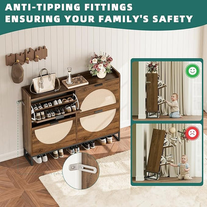 Shoe Storage Cabinet for Entryway Wooden Rattan Shoe Cabinet with 4 Flip Drawers Long Hidden Shoes Cabinet Storage with Metal Legs Narrow Shoe Rack Cabinet Shoes Organizer Cabinet for Hallway Oak
