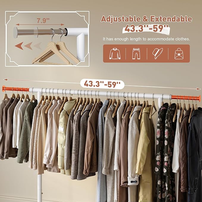 Raybee Clothing Rack for Hanging Clothes, Rolling Clothes Rack Load 250LBS, Metal Clothes Racks, Clothing Rack with Wheels Portable, White