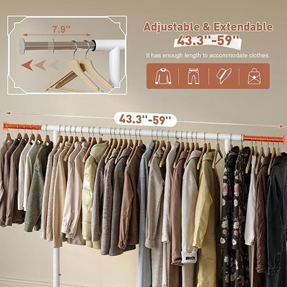Raybee Clothing Rack for Hanging Clothes, Rolling Clothes Rack Load 250LBS, Metal Clothes Racks, Clothing Rack with Wheels Portable, White