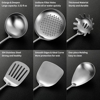 Stainless Steel Kitchen Utensils Set with Wood Handle, 18/10 Metal Cooking Utensils Set, 10 Piece - Spatula, Spoon, Ladle, Skimmer, Slotted Turners, Pasta,Turner, Ladl, Fork