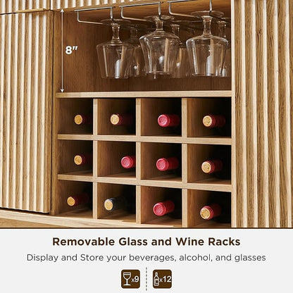 OKD 60" Fluted Buffet Cabinet with Storage - 3 Drawers and 2 Doors, Mordern Wine & Coffee Bar Cabinet with Wine and Glass Racks, Sideboard with Adjustable Shelves for Kitchen, Dining Room,Natural Oak | for Liquor, w/Wine & Glass Rack, 3 Storage Drawers...