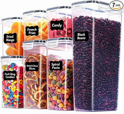 7 PCS Airtight Food Storage Containers with Lids, BPA Free Clear Plastic Kitchen and Pantry Organization and Storage Set for Flour, Sugar, Cereal, Pasta, Includes 7 Labels and Marker
