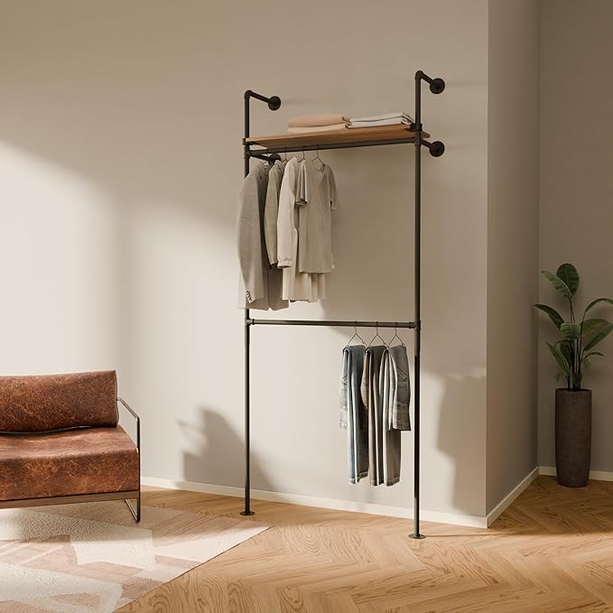 pamo Industrial Pipe Clothing Rack with Shelf – Wall Mounted Black Closet System in Powder-Coated Steel – 41.4" W × 87.4" H – Easy Setup – Ideal for Walk-In Closets & Retail Use