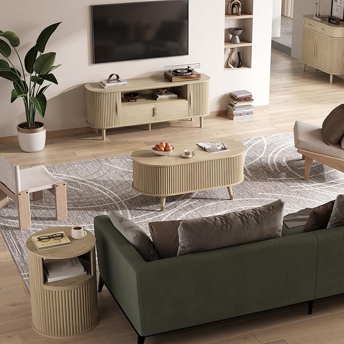 SULIVES Oval Coffee Table with Storage, Multifunctional Coffee Table with Lifting Top, Small Fluted Center Table for Living Room, Oak