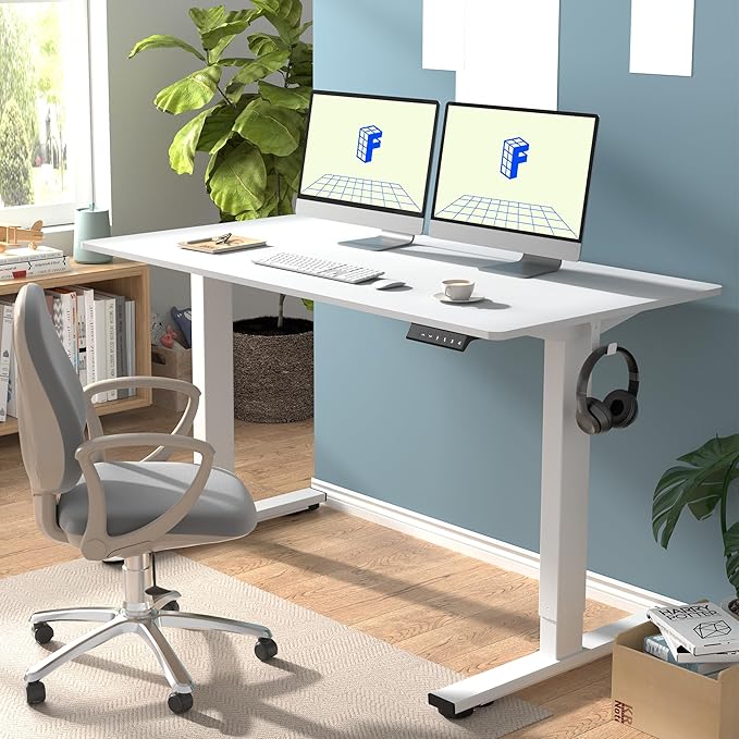 FLEXISPOT EN1 One-Piece Standing Desk with 1-Inch Thick Desktop, 55"x28" Electric Height Adjustable Desk for Home Office & Multi-Device Workstations, White(White Frame)