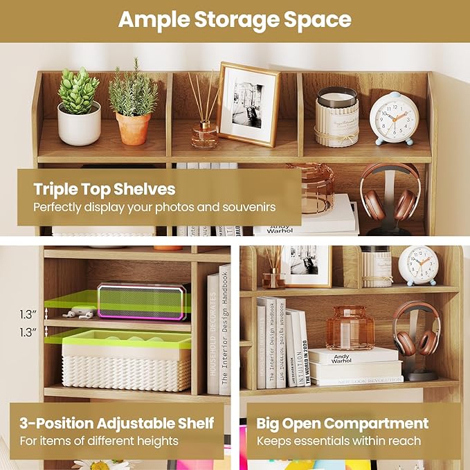 Desk Hutch, Desktop Shelf with 6 Shelves, Desk Bookshelf w/Anti-Toppling Devices, Wood Table Top Bookshelf Organizer, Small Desk Shelf for Study, Office, Dorm (Natural, 6 Shelves)