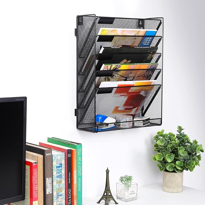 EasyPAG Wall File Holder Organizer 6 Tier Mesh Hanging Wall Mounted Document Paper Folder Filing Magazine Rack with Nametag Label for Office Home School, Black