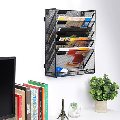 EasyPAG Wall File Holder Organizer 6 Tier Mesh Hanging Wall Mounted Document Paper Folder Filing Magazine Rack with Nametag Label for Office Home School, Black