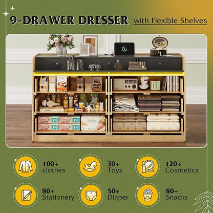 WLIVE 9 Drawer Led Dresser for Bedroom, 58" Wide Wood Dresser Storage Organizer with Charging Station for 65" TV, Dressers with Open Shelves, Chest of Drawers for Closet, Living Room, Light Oak