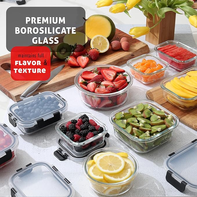 Nestl 48pc Glass Storage Containers with Lids, 24 Glass Food Storage Containers with 24 Airtight Lids for Pantry & Kitchen, Meal Prep Containers for Lunch, Oven Microwave & Dishwasher Safe, Black