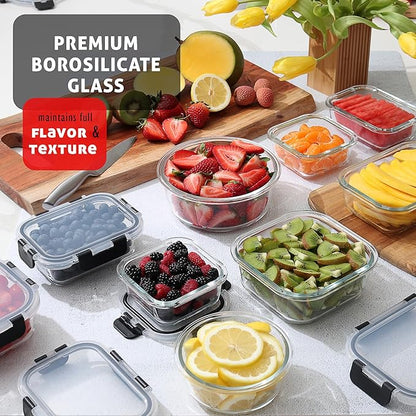 Nestl 48pc Glass Storage Containers with Lids, 24 Glass Food Storage Containers with 24 Airtight Lids for Pantry & Kitchen, Meal Prep Containers for Lunch, Oven Microwave & Dishwasher Safe, Black