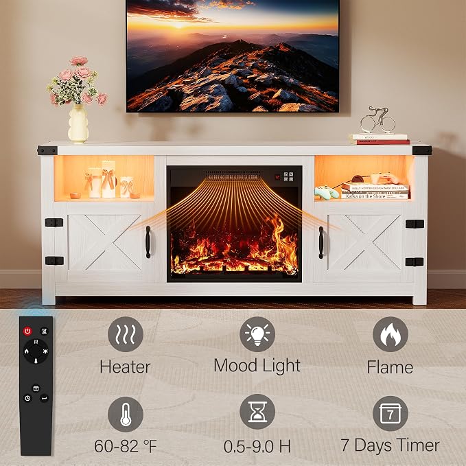 YESHOMY LED Fireplace TV Stand with Mood Lighting, TV Cabinet with Open Shelf, Farmhouse Media Console with Hidden Cable Routing, Entertainment Center for Televisions up to 65+ Inch, White