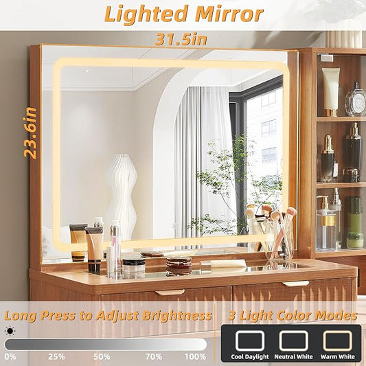 LEYAOYAO Vanity Desk with Mirror and Lights, 43.5'' Fluted Makeup Vanity with 6 Drawers and Adjustable Shelves, Wood TC Make Up Vanity Dressing Table with Glass Top and Power Outlet for Bedroom