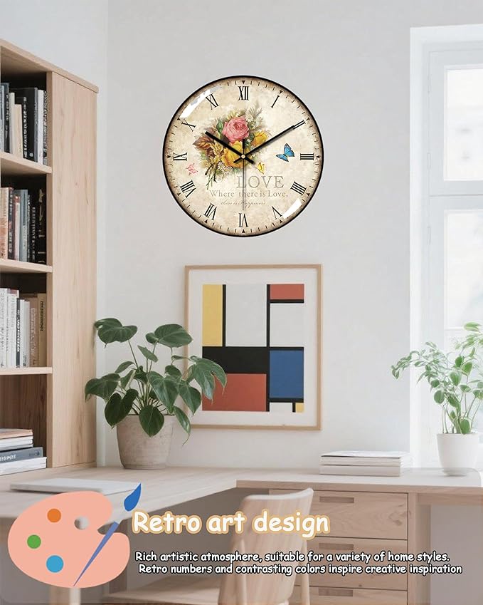 Decorative Wall Clocks Batterys Operated, Retro Wall Clock with Glass Dial, 12-Inch Dial with Roman Numerals, Silent and No Ticking, Suitable for Living Room, Bedroom, Dining Area, Workspace