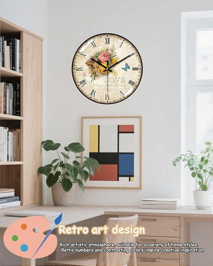 Decorative Wall Clocks Batterys Operated, Retro Wall Clock with Glass Dial, 12-Inch Dial with Roman Numerals, Silent and No Ticking, Suitable for Living Room, Bedroom, Dining Area, Workspace