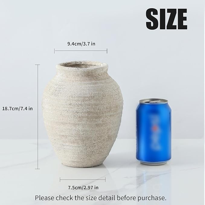 Ceramic Flower Vase - 7.4 Inch Farmhouse Rustic Vase for Home Decor Handcrafted Pottery Vase Small Terracotta Vases for Dining Table Decor Fireplace Living Room Bathroom Wedding Centerpiece