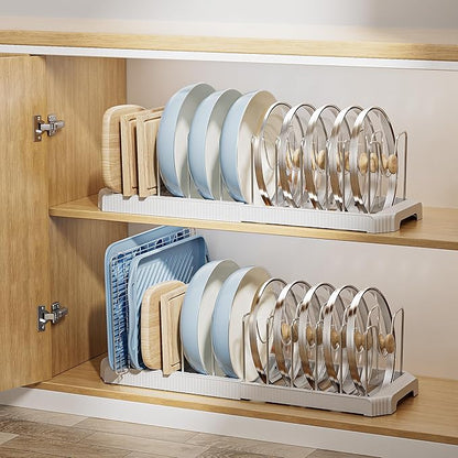 MUDEELA Pots and Pans Organizer under Cabinet, Expandable Rack with Pot Lid Holder and 12 Adjustable Dividers, Pan Organizers inside Cabinet for Kitchen Organization, Cutting Boards, Baking Sheets