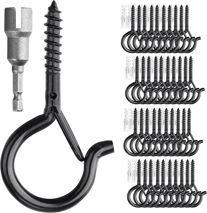 PlusRoc 40 Pack Christmas Light Hooks for Outdoor Seasonal Lighting Hooks, Outdoor Eye Hook Heavy Duty Screw in Q-Hanger, 2.2 Inch Black Cup Hooks, Wall Ceiling Deck Mount